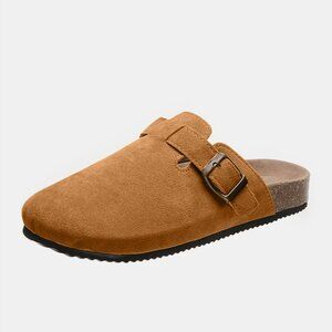 Suede Closed Toe Buckle Slide in Caramel